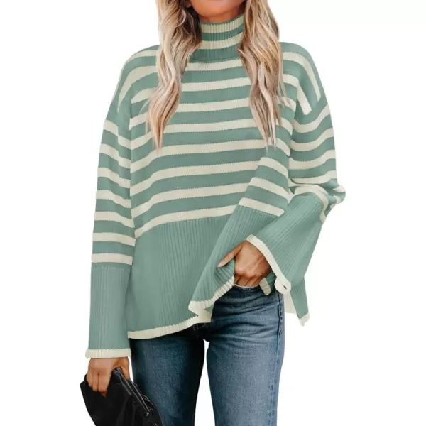 ZESICA Womens 2024 Winter Sweaters Casual Turtleneck Long Sleeve Striped Side Slit Loose Pullover Sweater Jumper TopsLake
