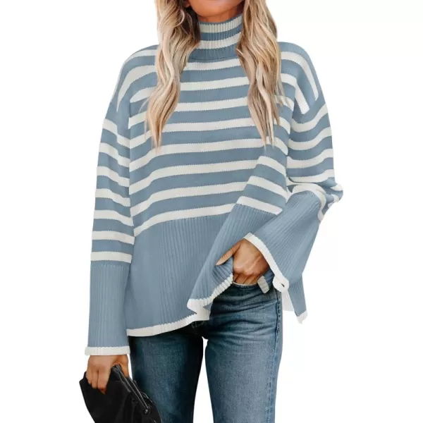 ZESICA Womens 2024 Winter Sweaters Casual Turtleneck Long Sleeve Striped Side Slit Loose Pullover Sweater Jumper TopsLightblue