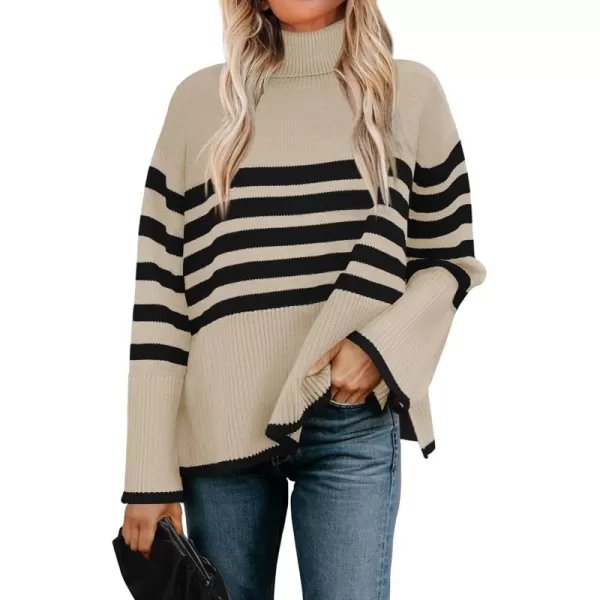 ZESICA Womens 2024 Winter Sweaters Casual Turtleneck Long Sleeve Striped Side Slit Loose Pullover Sweater Jumper TopsNatural