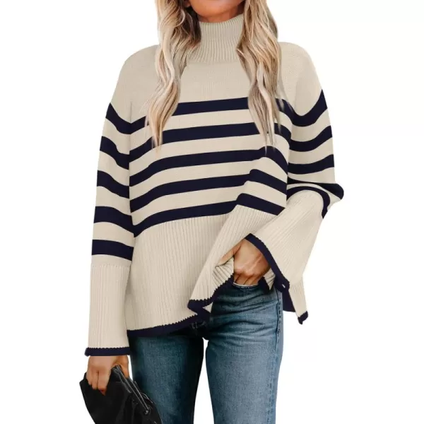 ZESICA Womens 2024 Winter Sweaters Casual Turtleneck Long Sleeve Striped Side Slit Loose Pullover Sweater Jumper TopsNavy