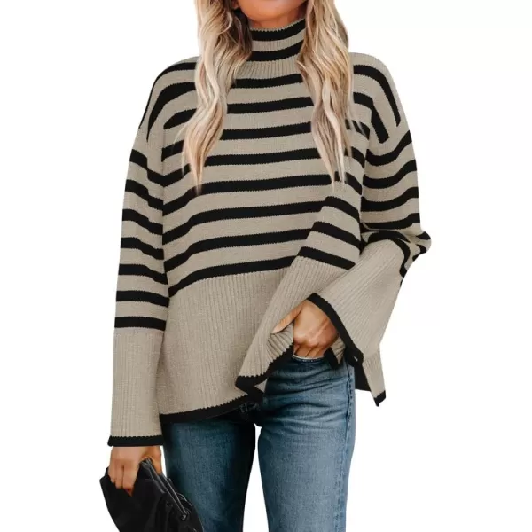 ZESICA Womens 2024 Winter Sweaters Casual Turtleneck Long Sleeve Striped Side Slit Loose Pullover Sweater Jumper TopsOats