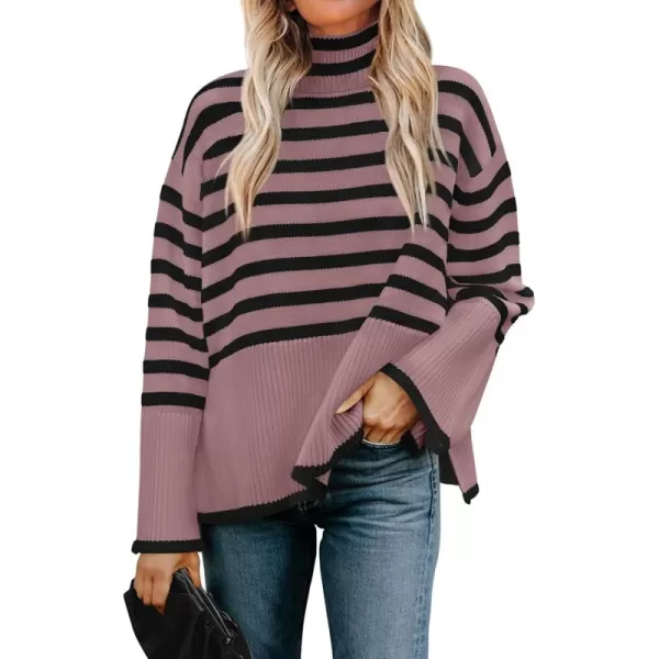 ZESICA Womens 2024 Winter Sweaters Casual Turtleneck Long Sleeve Striped Side Slit Loose Pullover Sweater Jumper TopsPurple