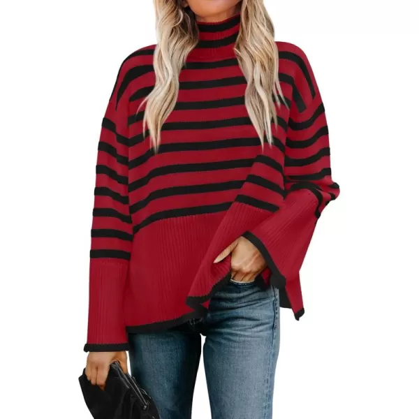 ZESICA Womens 2024 Winter Sweaters Casual Turtleneck Long Sleeve Striped Side Slit Loose Pullover Sweater Jumper TopsRed