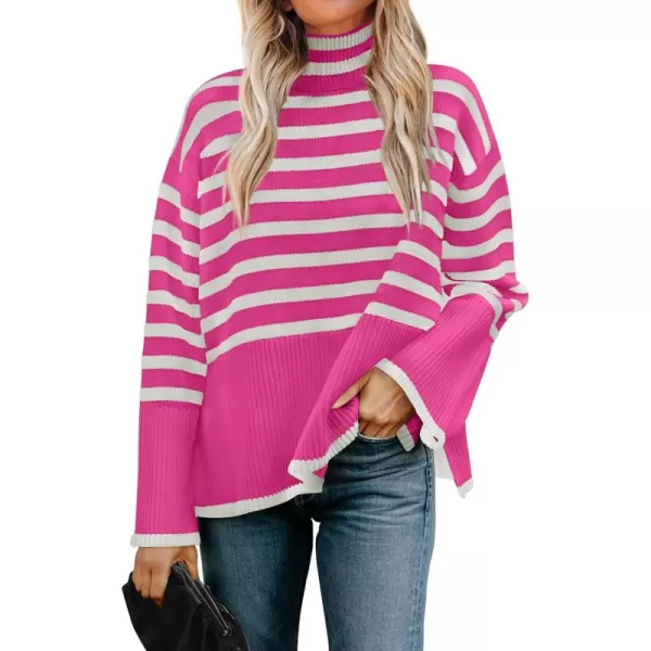 ZESICA Womens 2024 Winter Sweaters Casual Turtleneck Long Sleeve Striped Side Slit Loose Pullover Sweater Jumper TopsRose