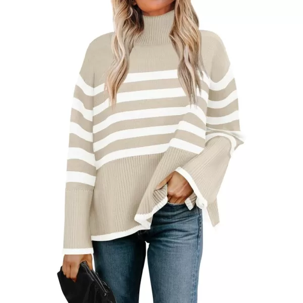 ZESICA Womens 2024 Winter Sweaters Casual Turtleneck Long Sleeve Striped Side Slit Loose Pullover Sweater Jumper TopsSand