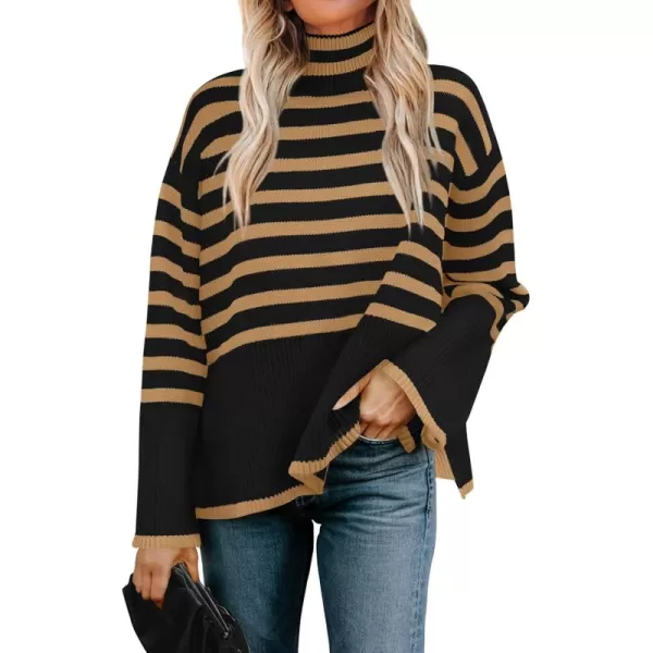 ZESICA Womens 2024 Winter Sweaters Casual Turtleneck Long Sleeve Striped Side Slit Loose Pullover Sweater Jumper TopsTaupe