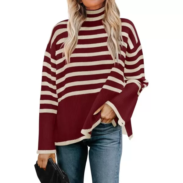 ZESICA Womens 2024 Winter Sweaters Casual Turtleneck Long Sleeve Striped Side Slit Loose Pullover Sweater Jumper TopsWine