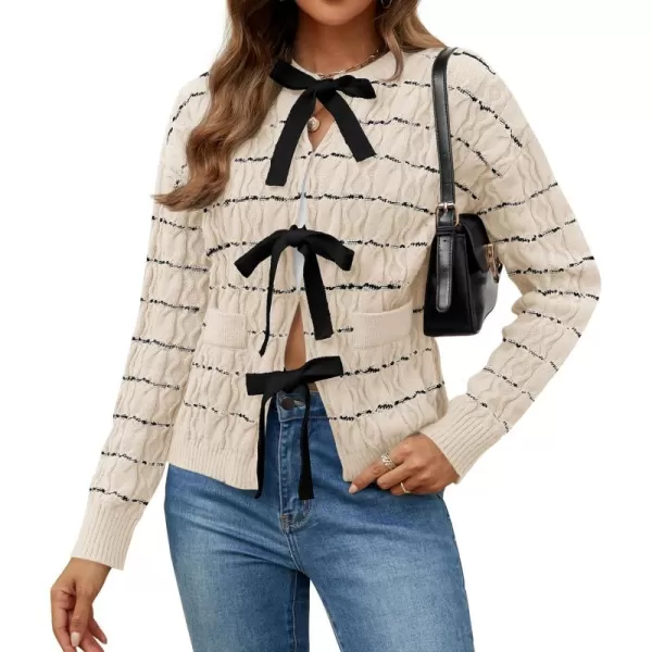 ZESICA Womens Long Sleeve Open Front Cardigan Sweater 2024 Fall Winter Striped Tie Front Loose Chunky Knit CoatsApricot