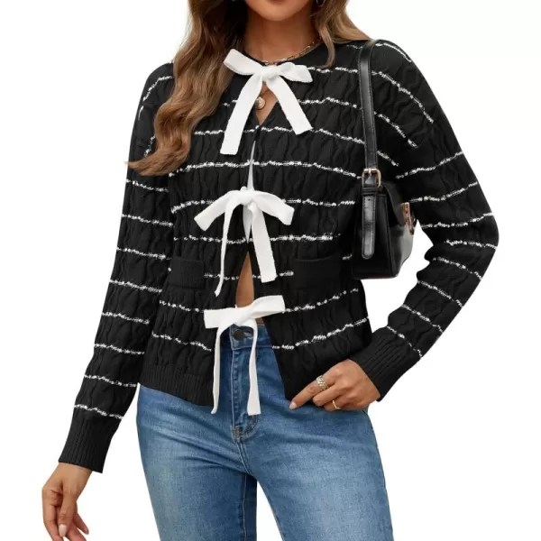 ZESICA Womens Long Sleeve Open Front Cardigan Sweater 2024 Fall Winter Striped Tie Front Loose Chunky Knit CoatsBlack