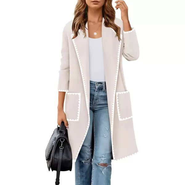 ZESICA Womens Open Front Long Cardigan Sweater Casual Lapel Coatigan Coat 2024 Fall Jacket Outerwear with PocketsBeige