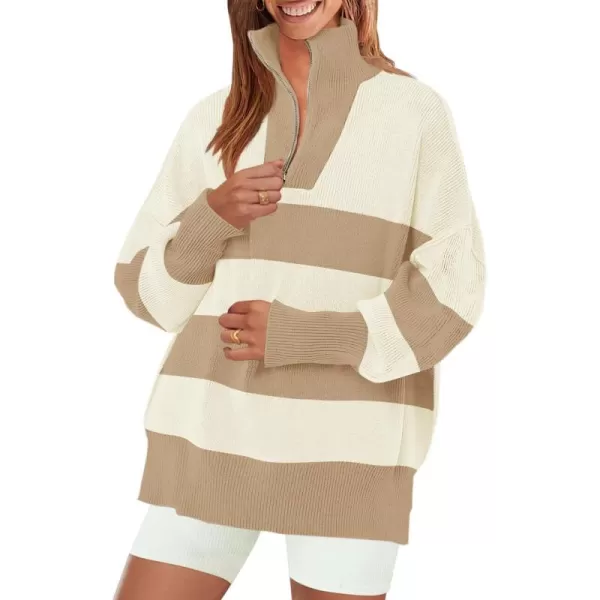 ZESICA Womens Striped Sweaters Half Zipper Long Sleeve Ribbed Knit Loose Oversized Pullover Sweater TopsApricot