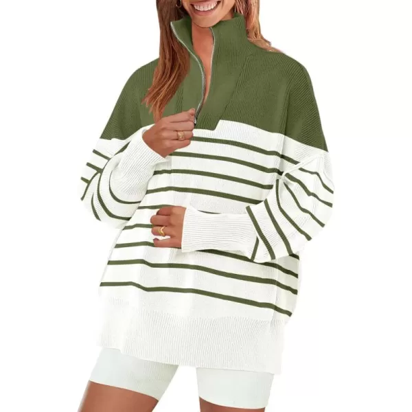 ZESICA Womens Striped Sweaters Half Zipper Long Sleeve Ribbed Knit Loose Oversized Pullover Sweater TopsArmygreen