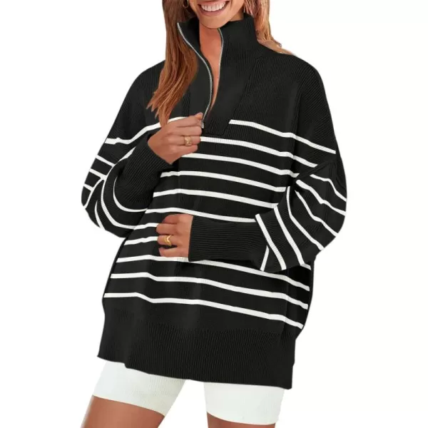 ZESICA Womens Striped Sweaters Half Zipper Long Sleeve Ribbed Knit Loose Oversized Pullover Sweater TopsBlack