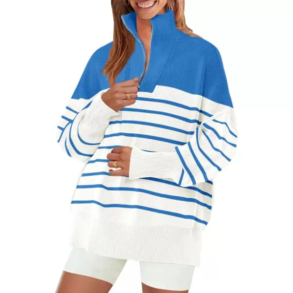 ZESICA Womens Striped Sweaters Half Zipper Long Sleeve Ribbed Knit Loose Oversized Pullover Sweater TopsBlue