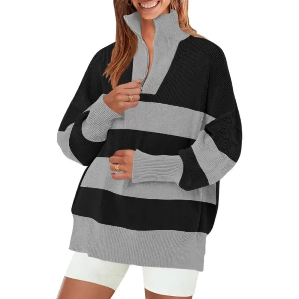 ZESICA Womens Striped Sweaters Half Zipper Long Sleeve Ribbed Knit Loose Oversized Pullover Sweater TopsCarbon