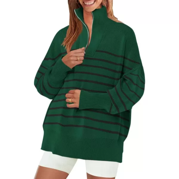 ZESICA Womens Striped Sweaters Half Zipper Long Sleeve Ribbed Knit Loose Oversized Pullover Sweater TopsDarkgreen