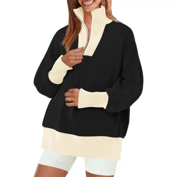 ZESICA Womens Striped Sweaters Half Zipper Long Sleeve Ribbed Knit Loose Oversized Pullover Sweater TopsDim