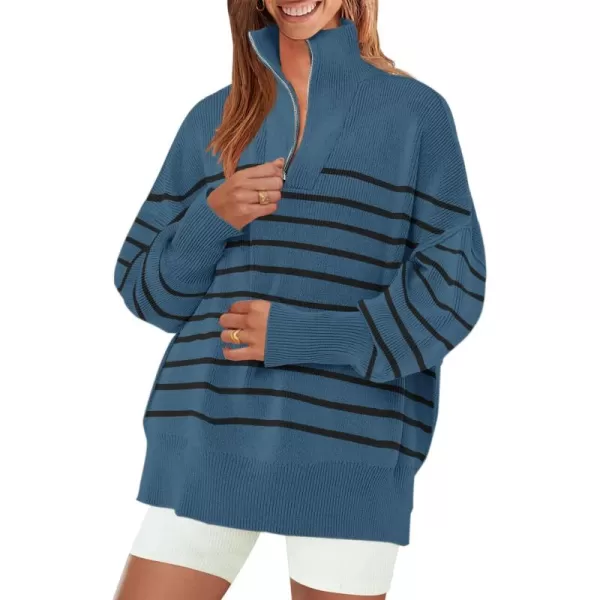 ZESICA Womens Striped Sweaters Half Zipper Long Sleeve Ribbed Knit Loose Oversized Pullover Sweater TopsDustyblue