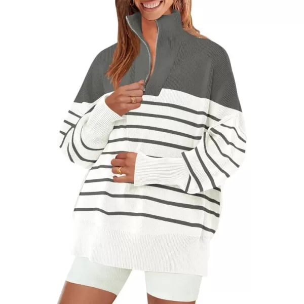 ZESICA Womens Striped Sweaters Half Zipper Long Sleeve Ribbed Knit Loose Oversized Pullover Sweater TopsGrey