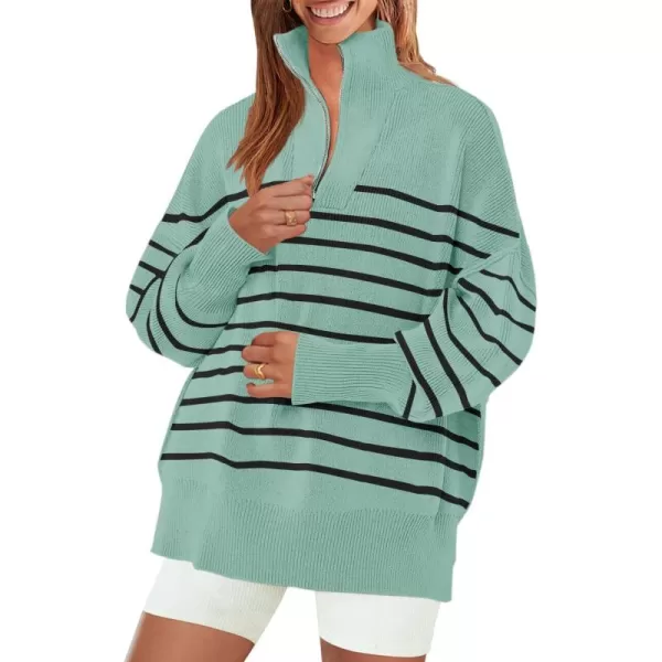 ZESICA Womens Striped Sweaters Half Zipper Long Sleeve Ribbed Knit Loose Oversized Pullover Sweater TopsLake