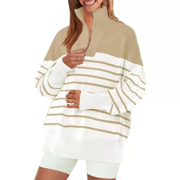 ZESICA Womens Striped Sweaters Half Zipper Long Sleeve Ribbed Knit Loose Oversized Pullover Sweater TopsLightkhaki