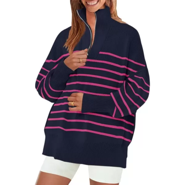 ZESICA Womens Striped Sweaters Half Zipper Long Sleeve Ribbed Knit Loose Oversized Pullover Sweater TopsNavyrose