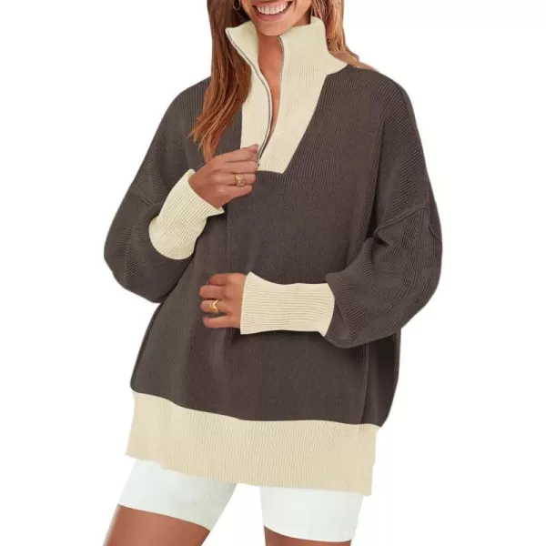 ZESICA Womens Striped Sweaters Half Zipper Long Sleeve Ribbed Knit Loose Oversized Pullover Sweater TopsNutmeg