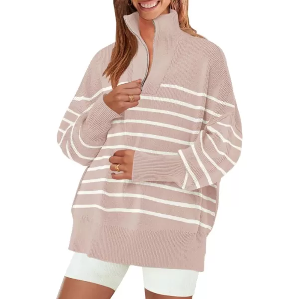 ZESICA Womens Striped Sweaters Half Zipper Long Sleeve Ribbed Knit Loose Oversized Pullover Sweater TopsPink