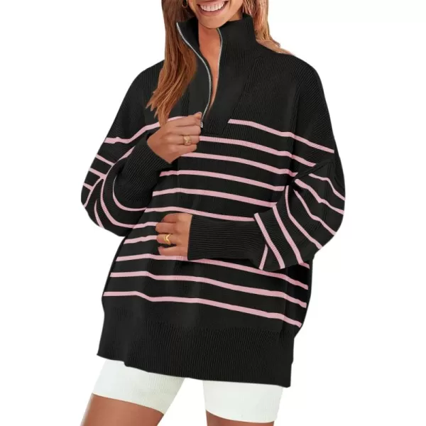 ZESICA Womens Striped Sweaters Half Zipper Long Sleeve Ribbed Knit Loose Oversized Pullover Sweater TopsPinkblack