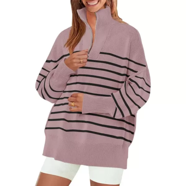 ZESICA Womens Striped Sweaters Half Zipper Long Sleeve Ribbed Knit Loose Oversized Pullover Sweater TopsPurple
