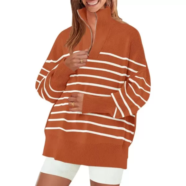 ZESICA Womens Striped Sweaters Half Zipper Long Sleeve Ribbed Knit Loose Oversized Pullover Sweater TopsRust