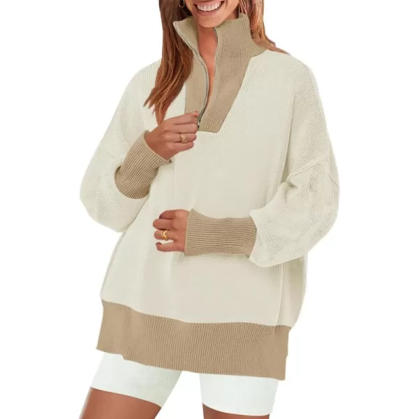 ZESICA Womens Striped Sweaters Half Zipper Long Sleeve Ribbed Knit Loose Oversized Pullover Sweater TopsSand