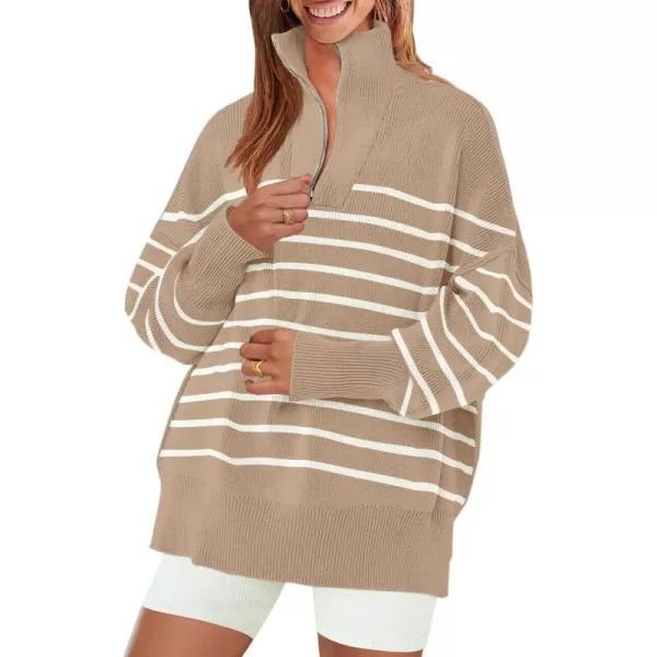 ZESICA Womens Striped Sweaters Half Zipper Long Sleeve Ribbed Knit Loose Oversized Pullover Sweater TopsToffee