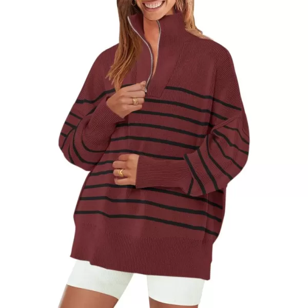 ZESICA Womens Striped Sweaters Half Zipper Long Sleeve Ribbed Knit Loose Oversized Pullover Sweater TopsWine