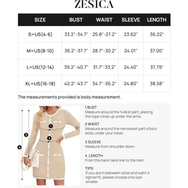 ZESICA Fall Dresses for Women 2024 Long Sleeve Button Color Block Knit Bodycon Short Sweater Dresses with PocketsApricot