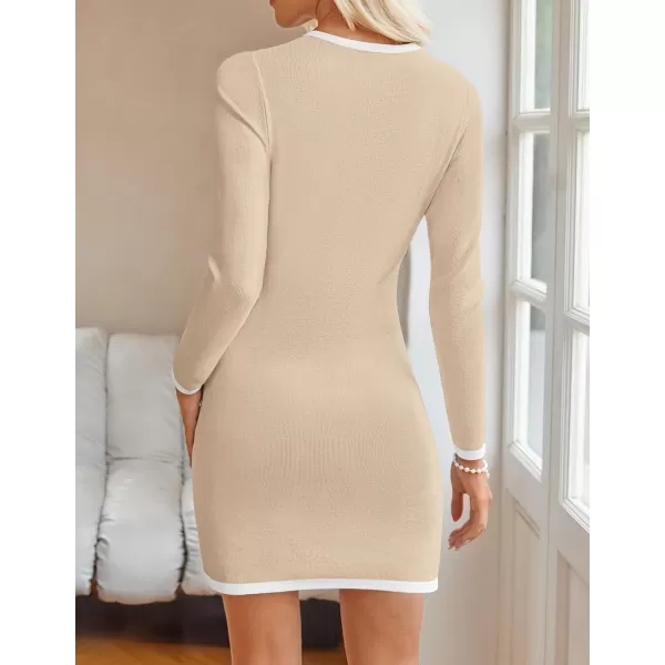 ZESICA Fall Dresses for Women 2024 Long Sleeve Button Color Block Knit Bodycon Short Sweater Dresses with PocketsApricot