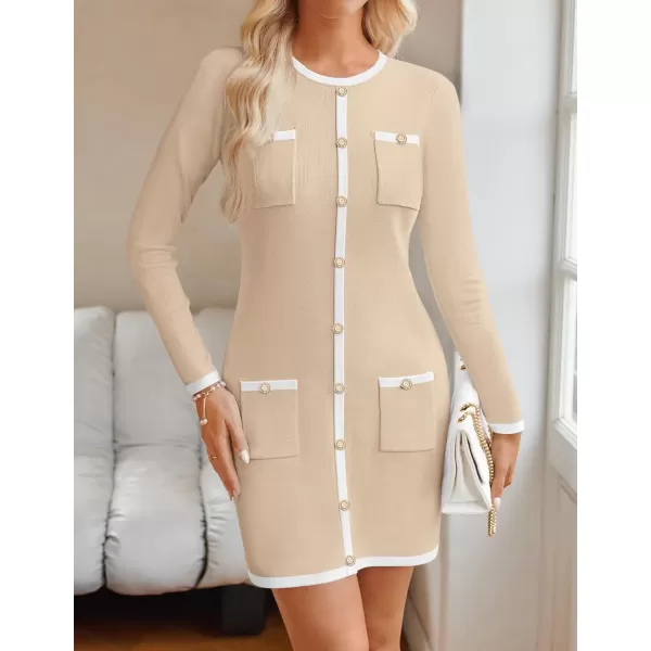 ZESICA Fall Dresses for Women 2024 Long Sleeve Button Color Block Knit Bodycon Short Sweater Dresses with PocketsApricot