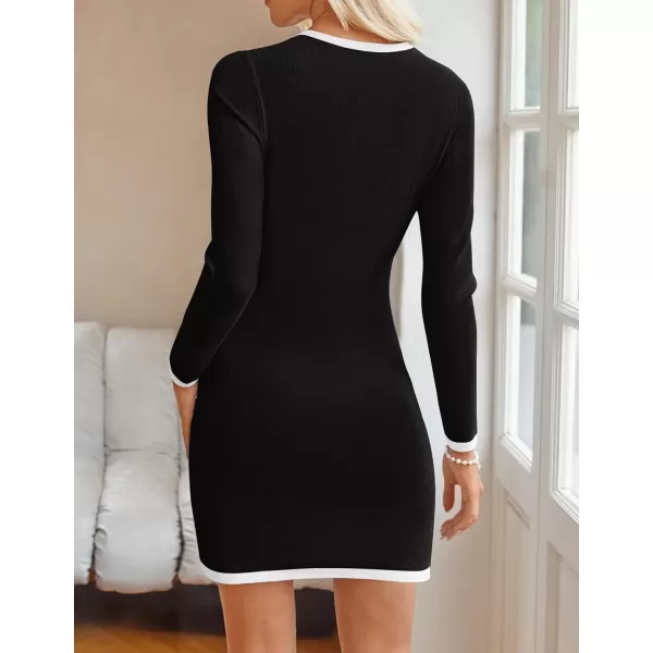 ZESICA Fall Dresses for Women 2024 Long Sleeve Button Color Block Knit Bodycon Short Sweater Dresses with PocketsBlack