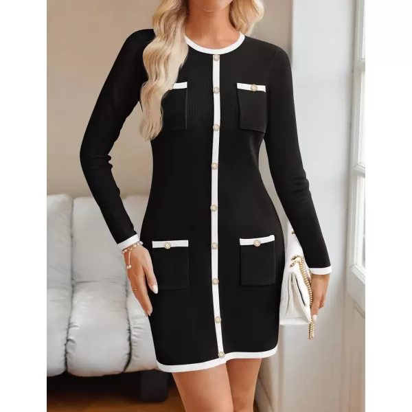ZESICA Fall Dresses for Women 2024 Long Sleeve Button Color Block Knit Bodycon Short Sweater Dresses with PocketsBlack