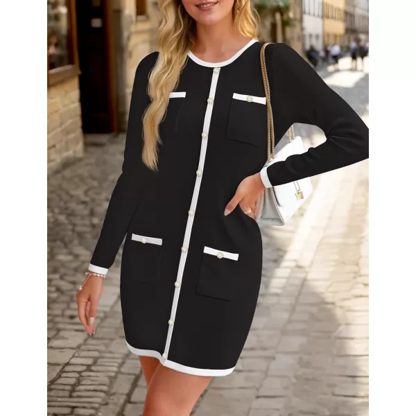 ZESICA Fall Dresses for Women 2024 Long Sleeve Button Color Block Knit Bodycon Short Sweater Dresses with PocketsBlack