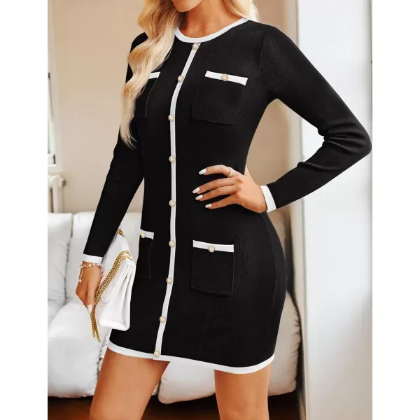 ZESICA Fall Dresses for Women 2024 Long Sleeve Button Color Block Knit Bodycon Short Sweater Dresses with PocketsBlack