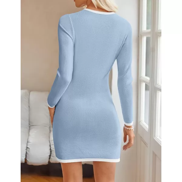 ZESICA Fall Dresses for Women 2024 Long Sleeve Button Color Block Knit Bodycon Short Sweater Dresses with PocketsBlue