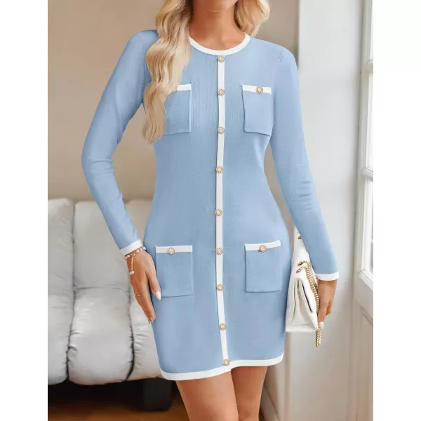 ZESICA Fall Dresses for Women 2024 Long Sleeve Button Color Block Knit Bodycon Short Sweater Dresses with PocketsBlue