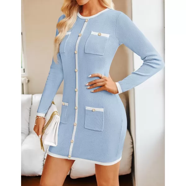 ZESICA Fall Dresses for Women 2024 Long Sleeve Button Color Block Knit Bodycon Short Sweater Dresses with PocketsBlue