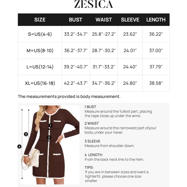 ZESICA Fall Dresses for Women 2024 Long Sleeve Button Color Block Knit Bodycon Short Sweater Dresses with PocketsCoffee
