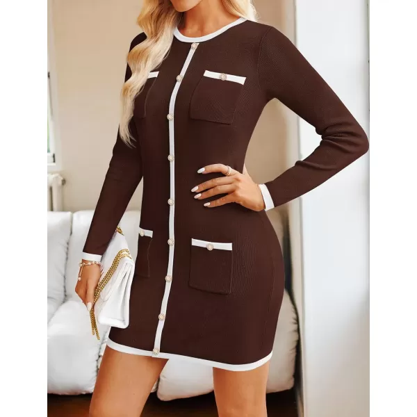ZESICA Fall Dresses for Women 2024 Long Sleeve Button Color Block Knit Bodycon Short Sweater Dresses with PocketsCoffee