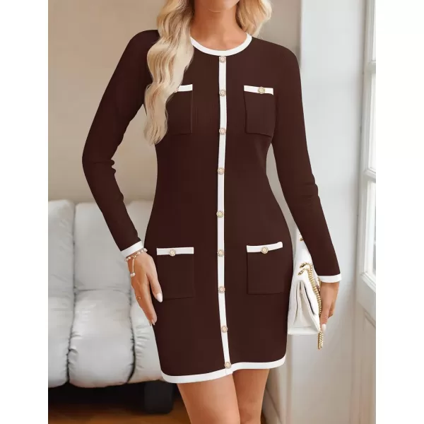 ZESICA Fall Dresses for Women 2024 Long Sleeve Button Color Block Knit Bodycon Short Sweater Dresses with PocketsCoffee