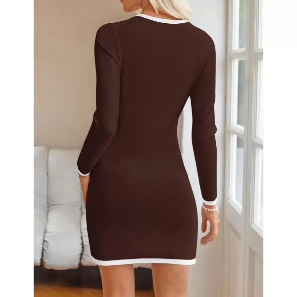 ZESICA Fall Dresses for Women 2024 Long Sleeve Button Color Block Knit Bodycon Short Sweater Dresses with PocketsCoffee