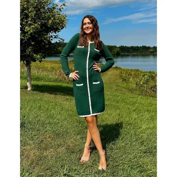 ZESICA Fall Dresses for Women 2024 Long Sleeve Button Color Block Knit Bodycon Short Sweater Dresses with PocketsGreen