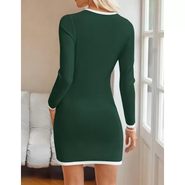 ZESICA Fall Dresses for Women 2024 Long Sleeve Button Color Block Knit Bodycon Short Sweater Dresses with PocketsGreen